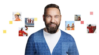 Male with beard wearing a blue and white top, with a mosaic of images surrounding him.