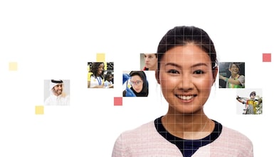 Young Asian female wearing a pink top, with a mosaic of images surrounding her.