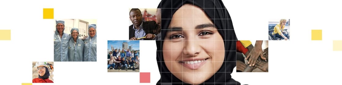 Female wearing a black hijab, with a mosaic of images surrounding her.