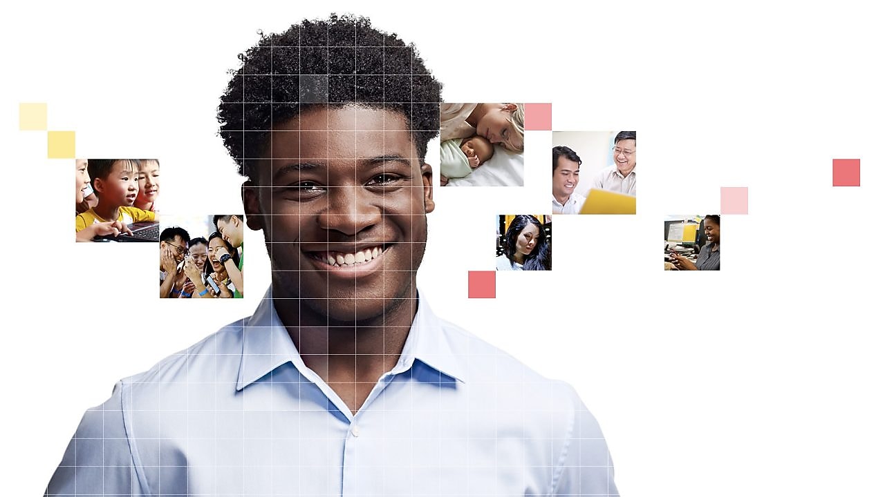 Young African American male with a mosaic of images surrounding him.
