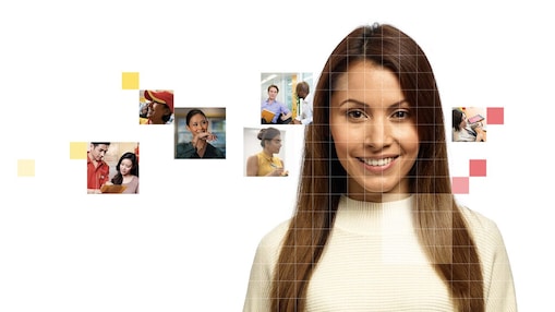 Female with long brown hair wearing a white top, with a mosaic of images surrounding her.