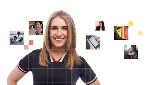 Female with long blonde hair wearing a blue top, with a mosaic of images surrounding her.