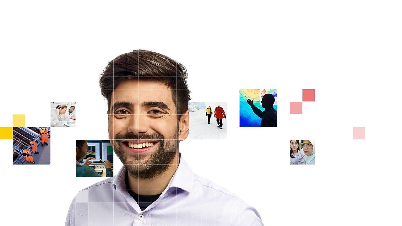 Male with beard wearing a white shirt, with a mosaic of images surrounding him.