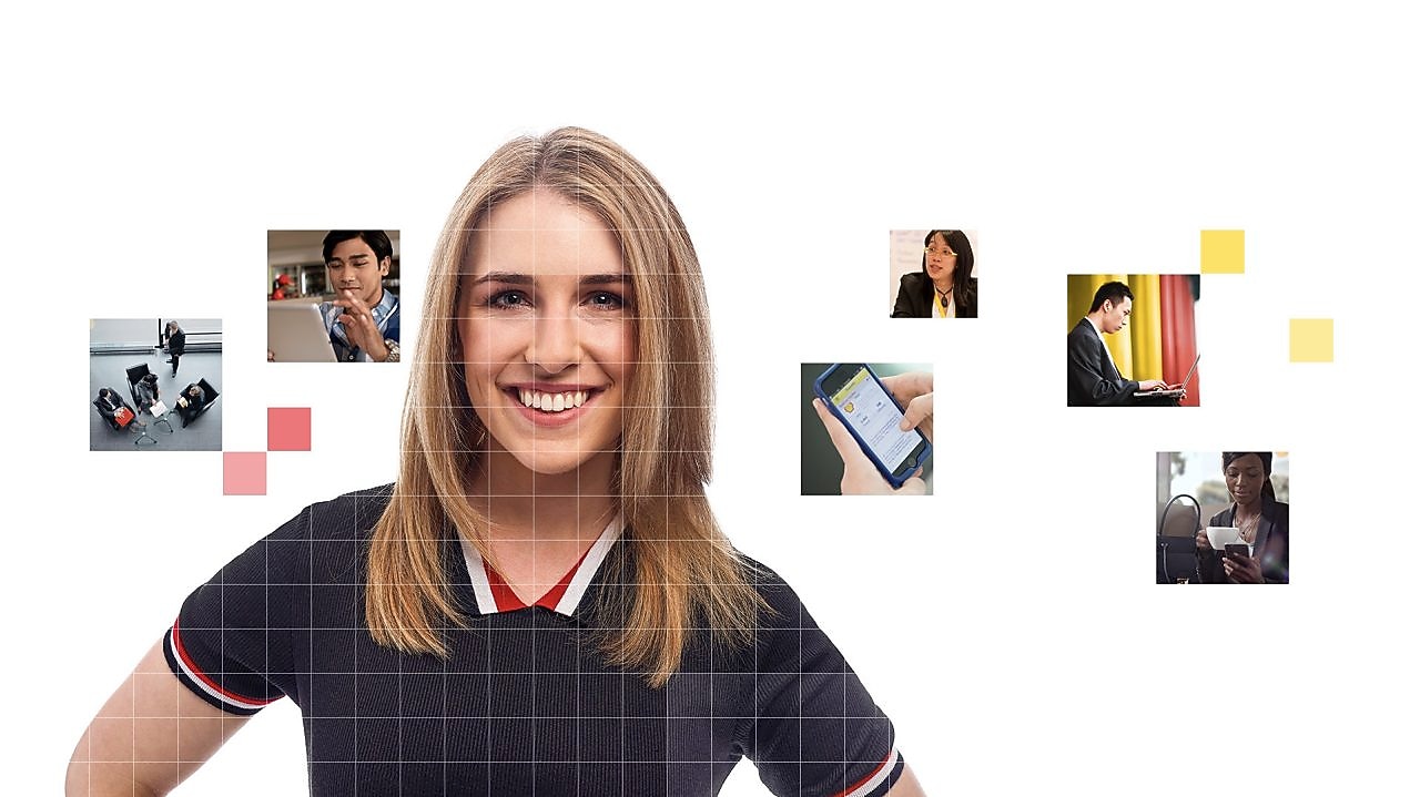 Female with long blonde hair wearing a blue top, with a mosaic of images surrounding her.