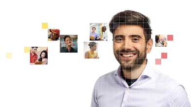Male with beard wearing a white shirt, with a mosaic of images surrounding him.