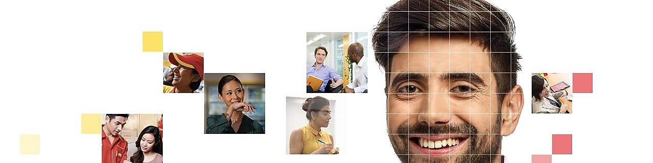 Male with beard wearing a white shirt, with a mosaic of images surrounding him.