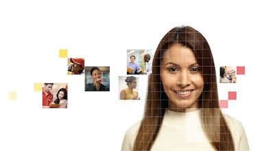 Female with long brown hair wearing a white top, with a mosaic of images surrounding her.