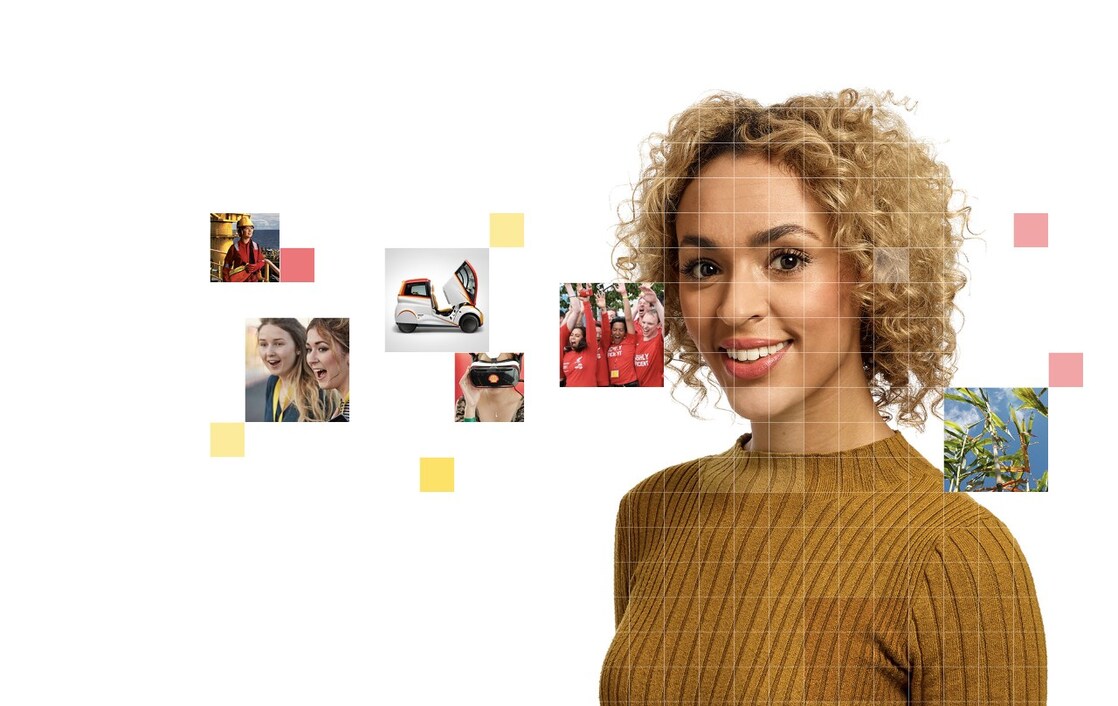 Female with short curly blonde hear wearing a light brown top, with a mosaic of images surrounding her.