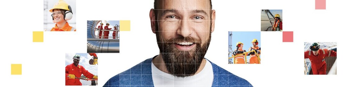 Male with beard wearing a blue and white top, with a mosaic of images surrounding him.