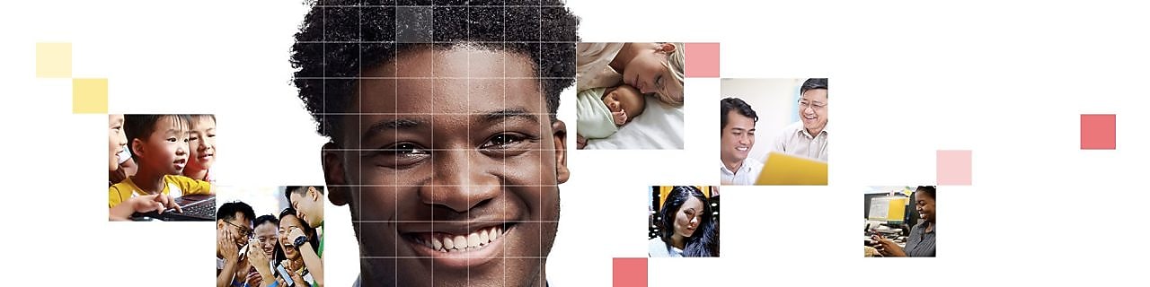 Young African American male with a mosaic of images surrounding him.