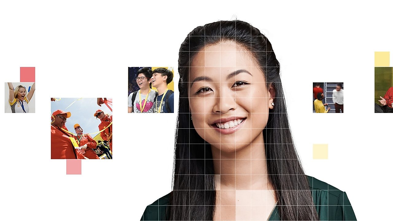 Asian female with long black hair, with a mosaic of images surrounding her.