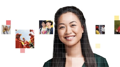 Asian female with long black hair, with a mosaic of images surrounding her.