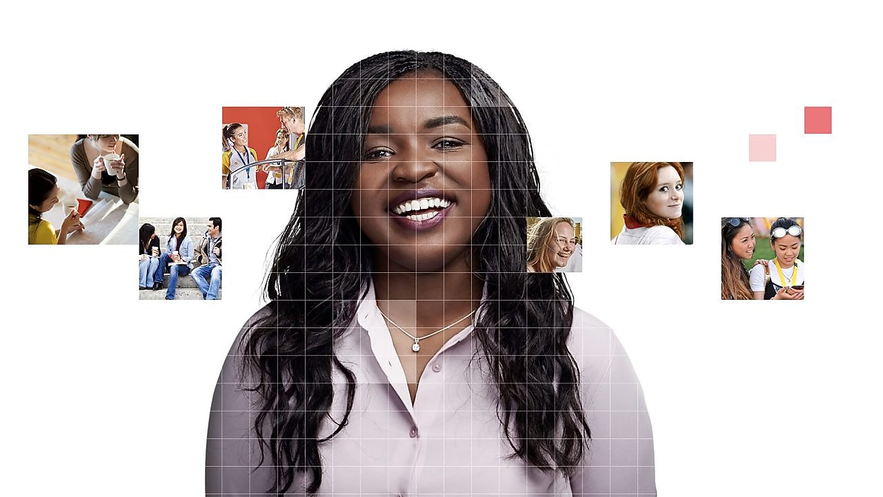 African American female with long black hair, with a mosaic of images surrounding her.