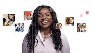 African American female with long black hair, with a mosaic of images surrounding her.