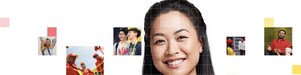 Asian female with long black hair, with a mosaic of images surrounding her.