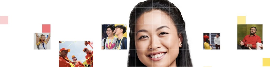 Asian female with long black hair, with a mosaic of images surrounding her.