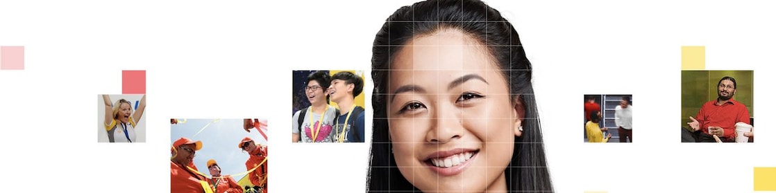 Asian female with long black hair, with a mosaic of images surrounding her.