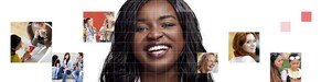 African American female with long black hair, with a mosaic of images surrounding her.