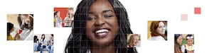 African American female with long black hair, with a mosaic of images surrounding her.