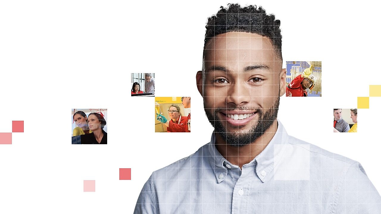 African American male with beard, with a mosaic of images surrounding him.