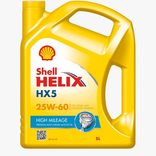 لقطة لعبوة زيت شل Helix HX5 High Mileage 25W-60 للمحركات القديمة