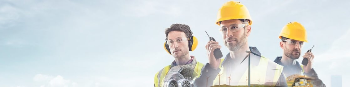  three workers on radios and reading documents, transposed over a background of blue sky with light clouds