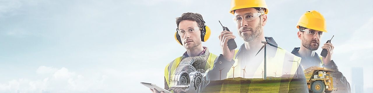 three workers on radios and reading documents, transposed over a background of blue sky with light clouds