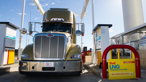 A truck getting ready to fuel at Shell's LNG fuelling station