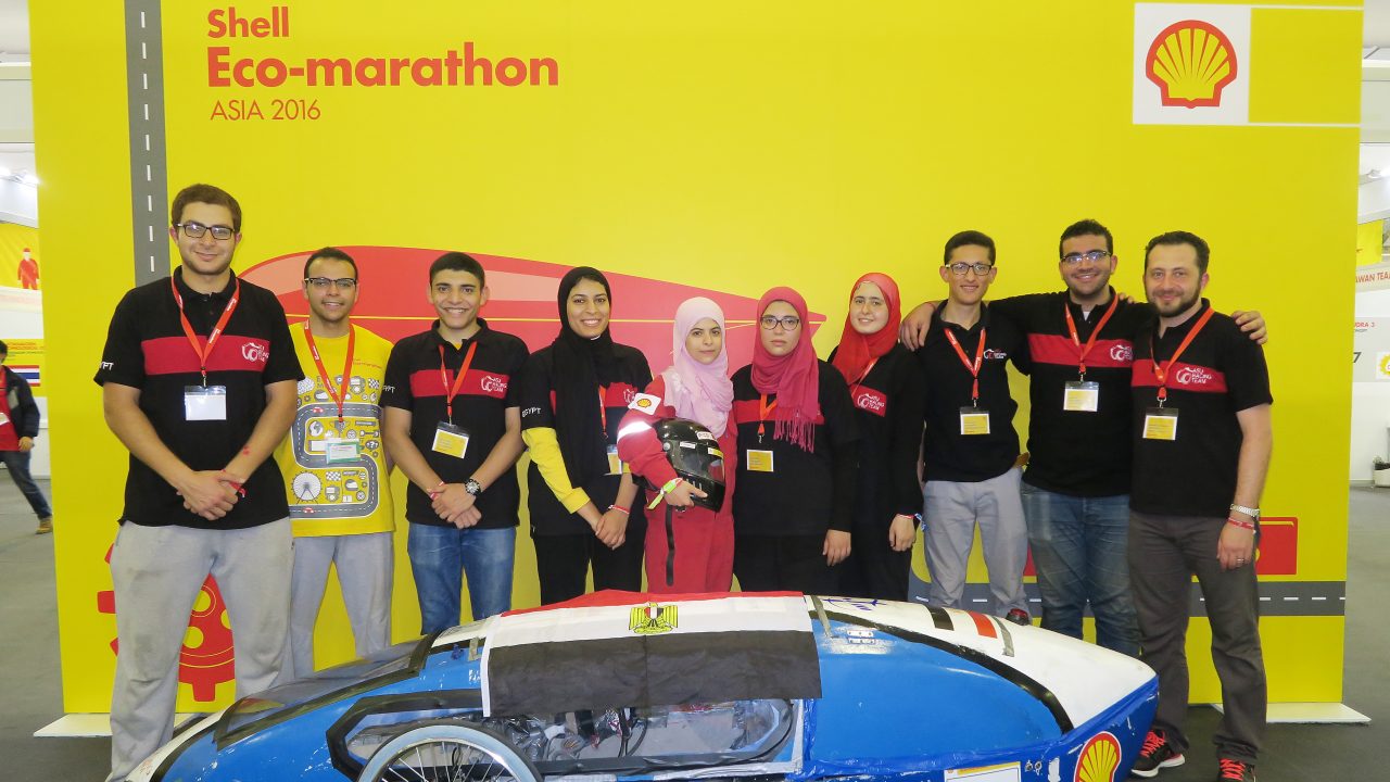 he Siraj 2, #14, a gasoline prototype vehicle from ASU Racing Team at the Ain Shams University in Cairo, Egypt, poses for a team portrait during the final day of the Shell Eco-marathon Asia, in Manila, Philippines, Friday, March 4, 2016