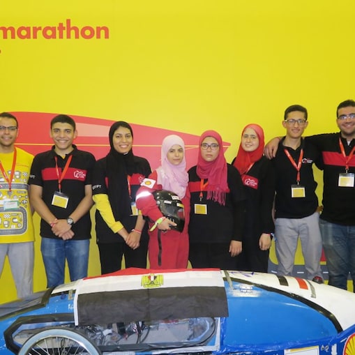 he Siraj 2, #14, a gasoline prototype vehicle from ASU Racing Team at the Ain Shams University in Cairo, Egypt, poses for a team portrait during the final day of the Shell Eco-marathon Asia, in Manila, Philippines, Friday, March 4, 2016