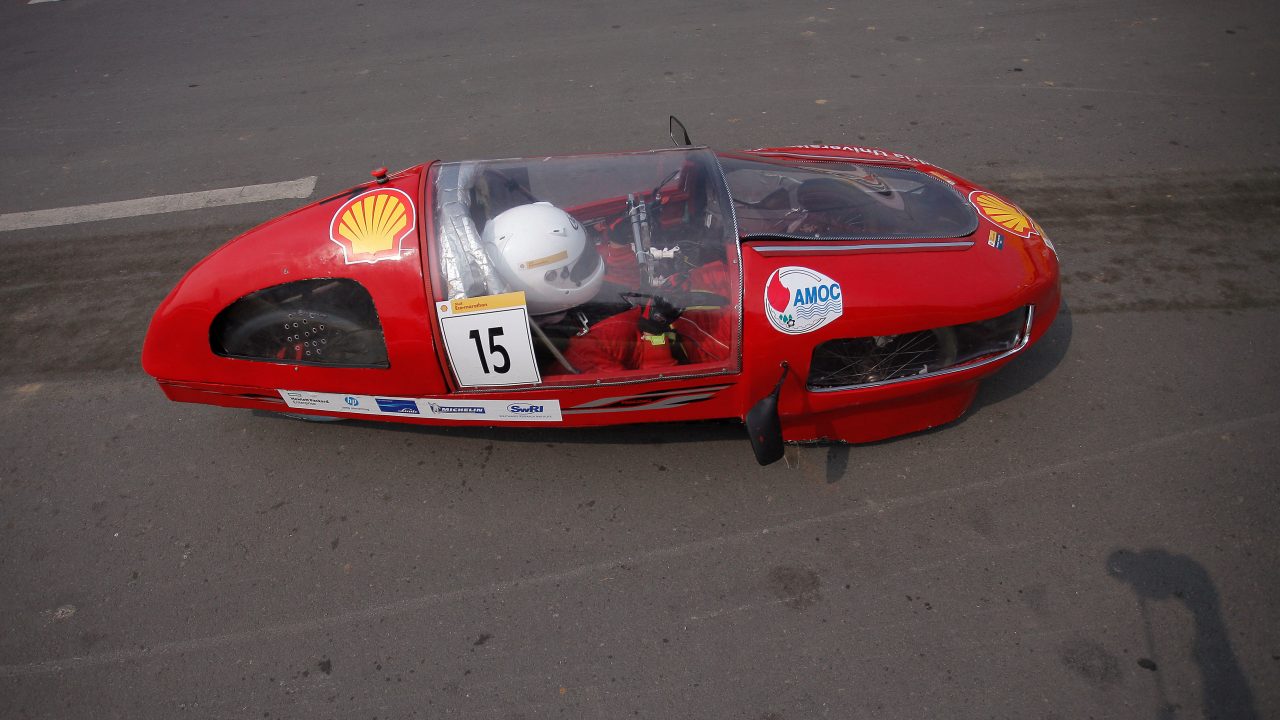 The Normandy 2, #15, a gasoline prototype vehicle from Alexandria University Shell Eco-marathon Team at the Alexandria University Faculty of Engineering in Alexandria, Egypt, on the track during final day of the Shell Eco-marathon Asia, in Manila, Philippines, Sunday, March 6, 2016.
