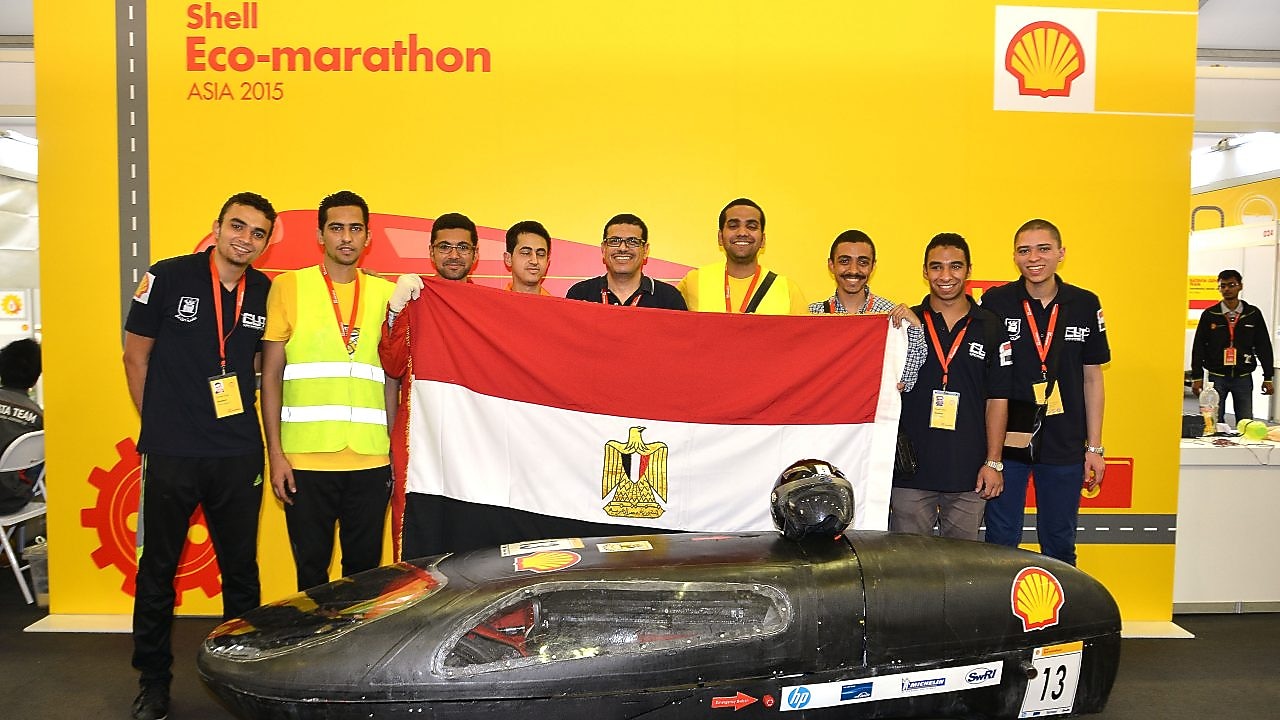 The Horus, #13, Prototype, competing for team CUT Eco-Racing from Cairo University Faculty of Engineering , Egypt poses for portrait during day two of the Shell Eco-marathon in Manila, Philippines, Friday, Feb. 27, 2015