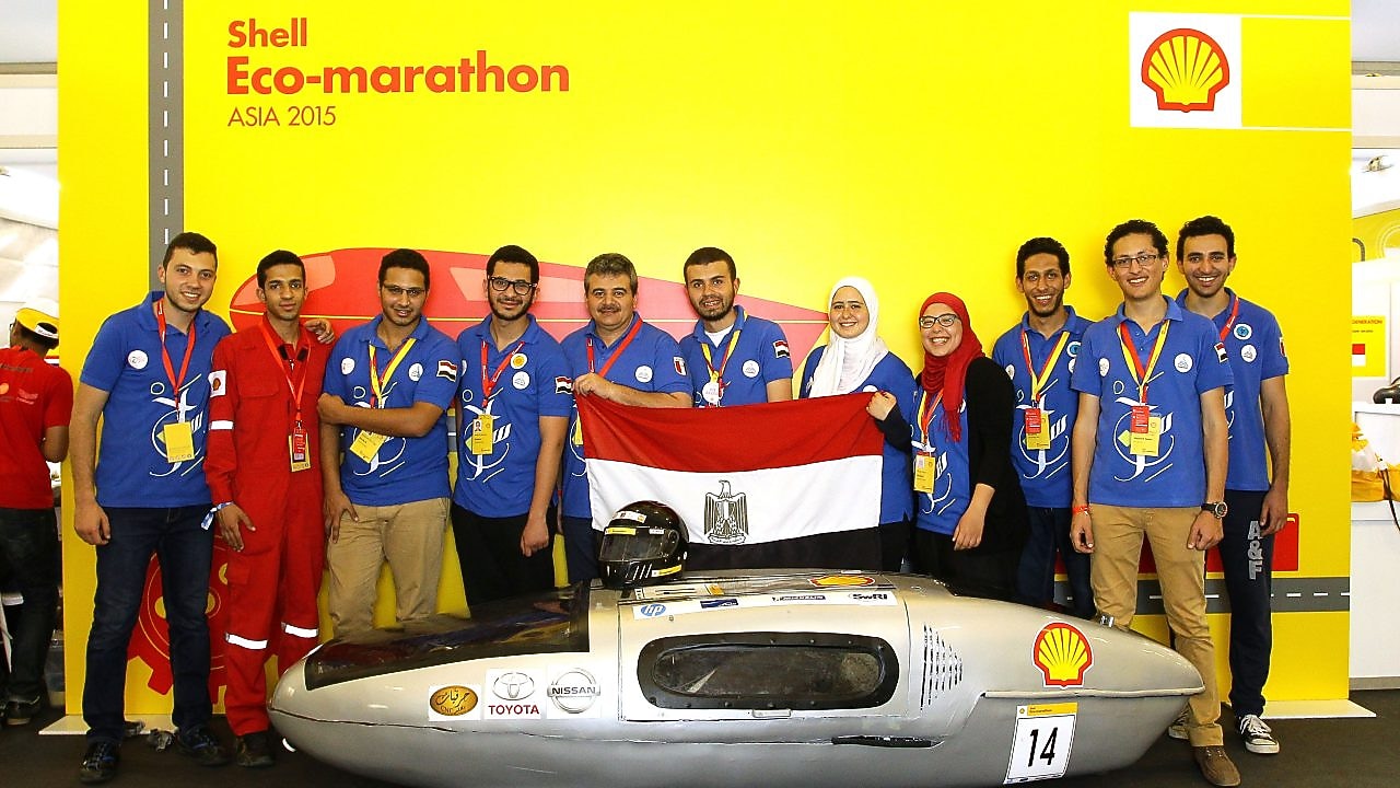The Siraj, #14, Prototype, competing for team ASU Racing Team from Ain Shams University, Egypt poses for a team portrait during day two of the Shell Eco-marathon in Manila, Philippines, Friday, Feb. 27, 2015. 