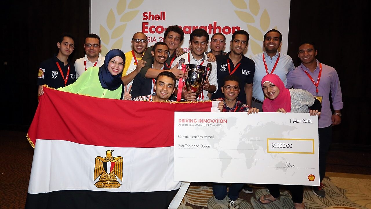 Team CUT Eco-Racing from Cairo University Faculty of Engineering, Egypt, winners of the Communications Award at the Awards Ceremony on the final day of the Shell Eco-marathon Asia 2015 at Luneta Park in Manila on Sunday, March 01, 2015
