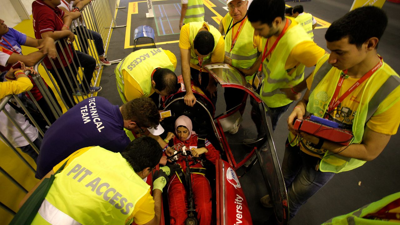 The Normandy 2, #15, a gasoline prototype vehicle from Alexandria University Shell Eco-marathon Team at the Alexandria University Faculty of Engineering in Alexandria, Egypt, goes through technical inspection during day two of the Shell Eco-marathon Asia in Manila, Philippines, Friday, March 4, 2016.