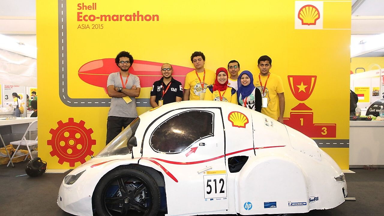 The Anubis, #512, UrbanConcept, competing for team CUT Eco-Racing UC from Cairo University Faculty of Engineering , Egypt poses for portrait during day two of the Shell Eco-marathon in Manila, Philippines, Friday, Feb. 27, 2015.