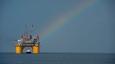 Mars B Platform in the Gulf of Mexico with a rainbow overhead